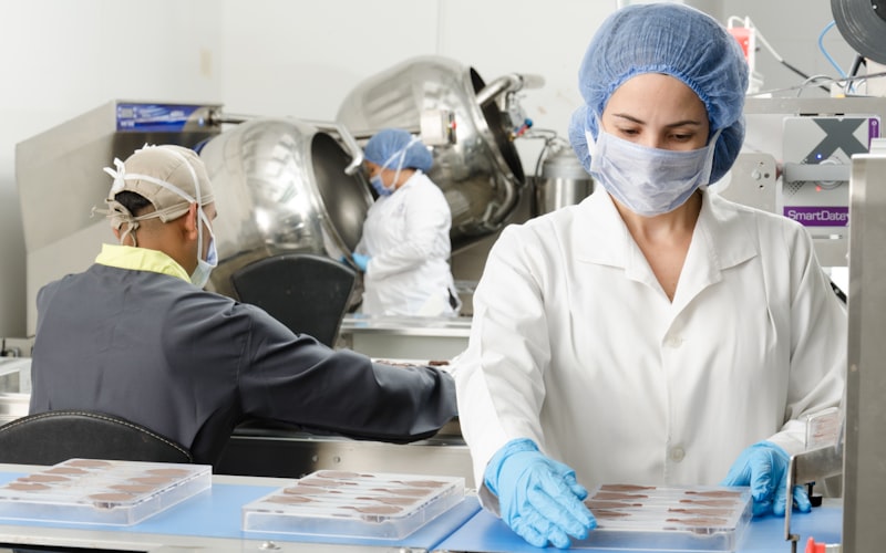 Pharmaceutical manufacturing, workers in cleanroom preparing medicine packaging